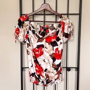 🌺WHBM Floral Satin Smocked Tie Sleeve Blouse Sz XXS